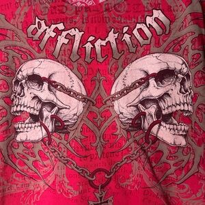 Affliction Crimson Red T-Shirt with Bold Skull Graphic